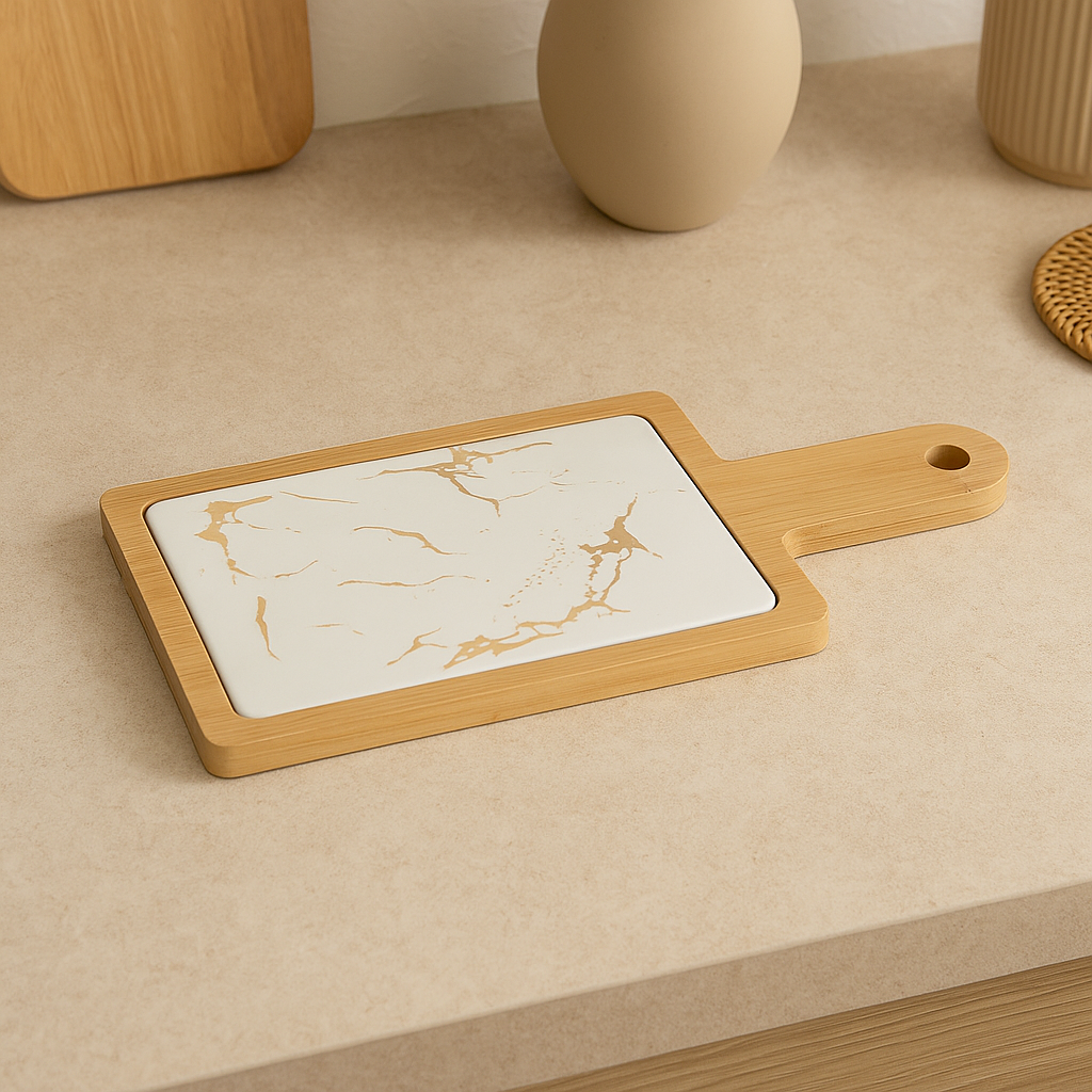 Porcelain Marble-Print Platter with Bamboo Base
