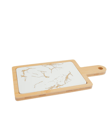 Porcelain Marble-Print Platter with Bamboo Base