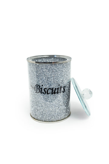 Crystal-Inspired Biscuit Jar with Glass Lid & Silver Glitter Body
