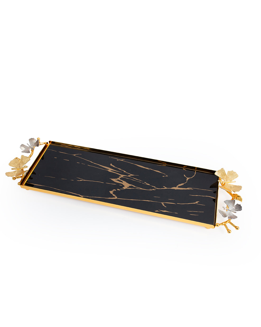 Black Marble-Effect Rectangular Serving Tray with Gold & Silver Floral Handles