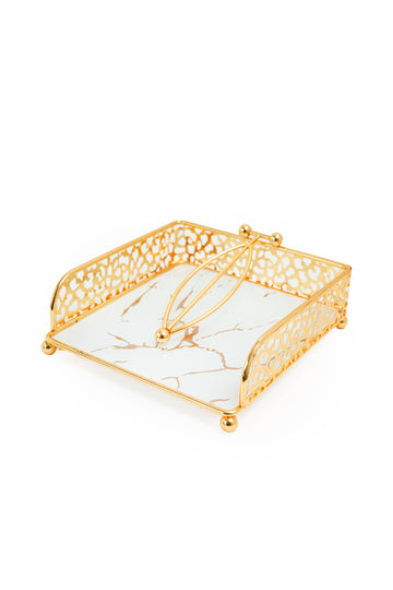 Gold-Finish Napkin Holder with White Marble Base & Filigree Design