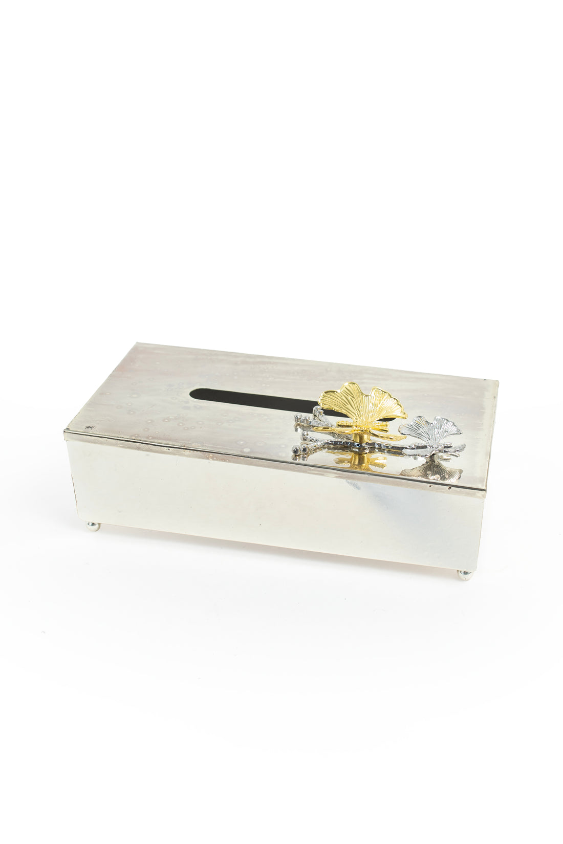 Hammered Metal Tissue Box Holder with Gold & Silver Floral Accent