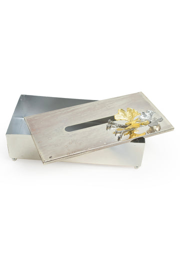 Hammered Metal Tissue Box Holder with Gold & Silver Floral Accent