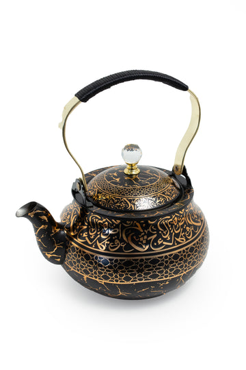 Arabic Calligraphy Kettle with Crystal Handle – Black & Gold Stainless Steel