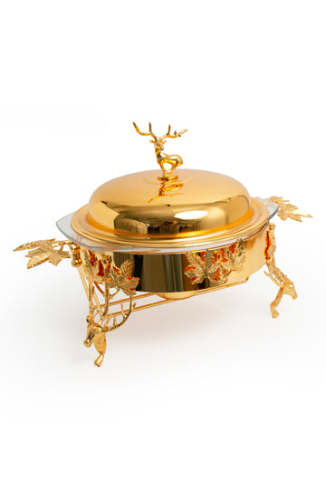 Gold Chafing Dish with Glass Insert & Stag Accent Lid – Leaf Motif