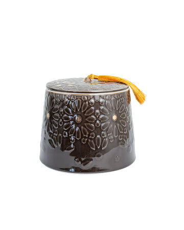 Ikram Embossed Ceramic Storage Jar – Black with Tassel Lid