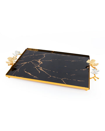 Black Marble Tray with Gold & Silver Floral Handles – 30x15cm
