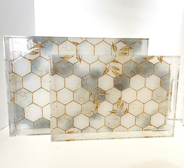 KANZ Acrylic Tray Set – Honeycomb Marble Leaf Design (Set of 2)