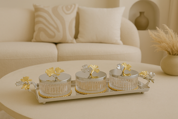 Glass Dessert Bowl Set with Floral Silver-Gold Tray & Lids – 3 Pieces