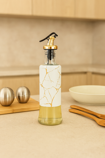 Glass Oil & Vinegar Dispenser – White Marble with Gold Pump