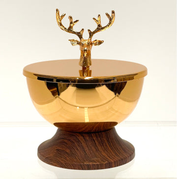 Golden Elk Small Jar” – Elegant Gold & Wood Storage