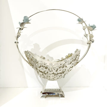 Elegant Silver Floral Basket with Porcelain Rose Accents