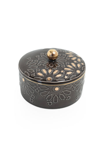 Black & Gold Ceramic Storage Jar with Embossed Geometric Design