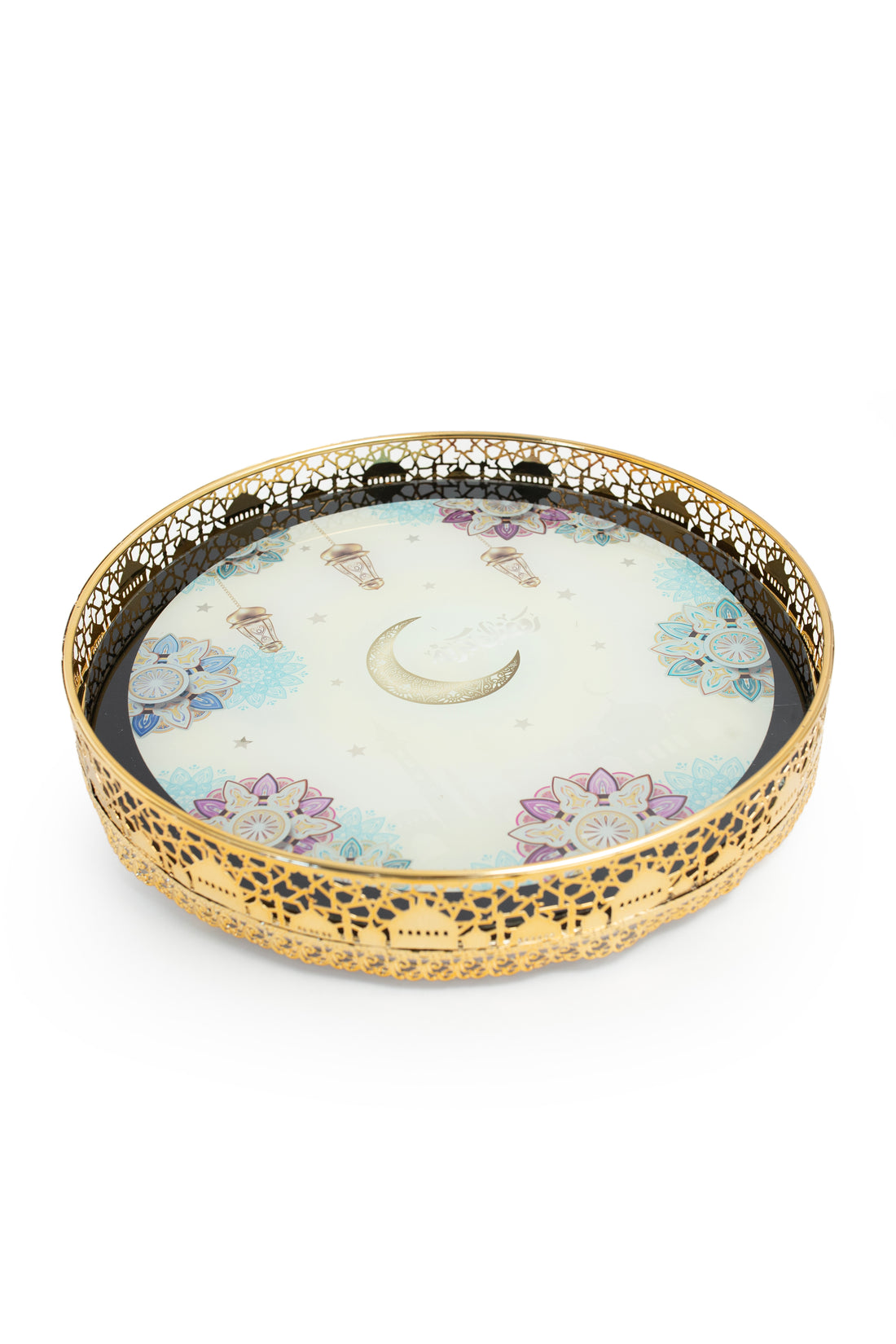 Round Ramadan Serving Tray with Gold Filigree Frame β Moon & Lantern Design