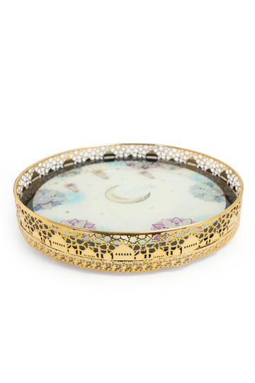 Round Ramadan Serving Tray with Gold Filigree Frame – Moon & Lantern Design