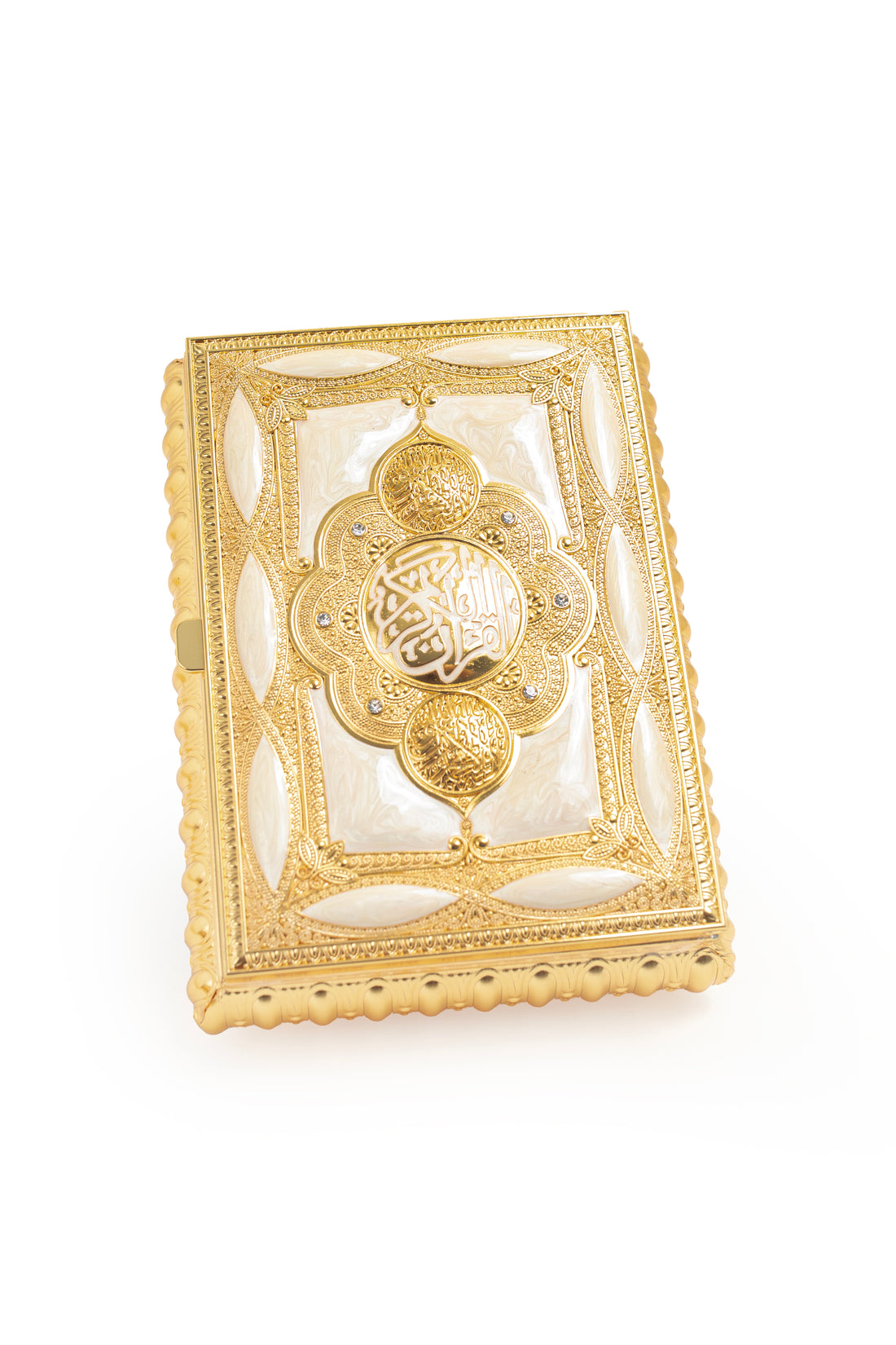 Decorative Gold Qur'an-Inspired Book Box with Ornate Stand