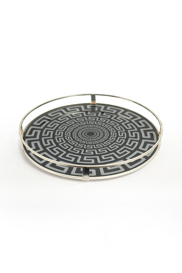 Round Black & Silver Geometric Serving Tray