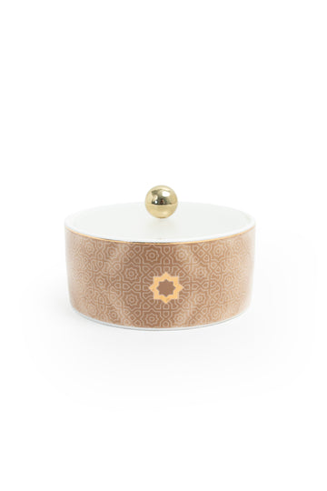 Ceramic Serving Bowl with Lid – Beige & White Arabic Geometric Design
