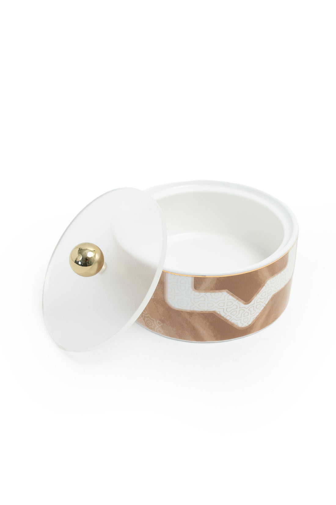 Ceramic Serving Bowl with Lid – Beige & White Arabic Geometric Design