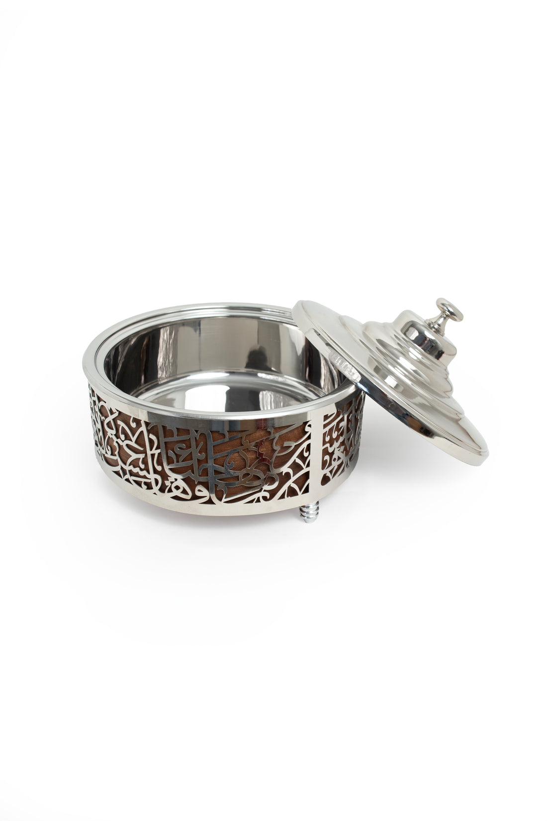 Stainless Steel & Wood Food Warmer with Arabic Cutout Design - 2500 mL