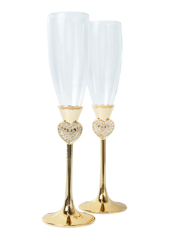 Luxurious Gold Crystal Heart Champagne Flutes – Set of 2