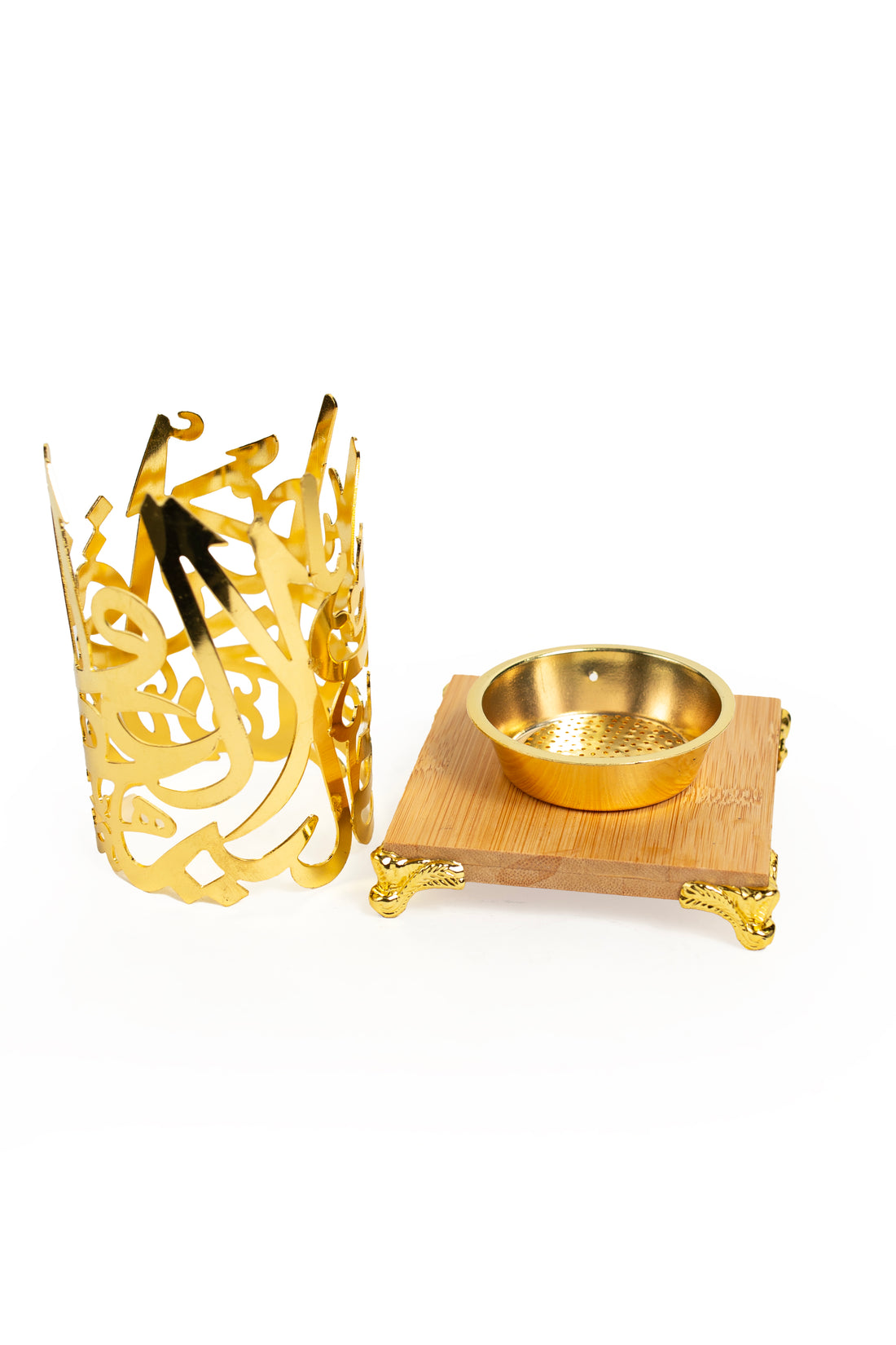 Golden Arabic Calligraphy Incense Burner with Wooden Base