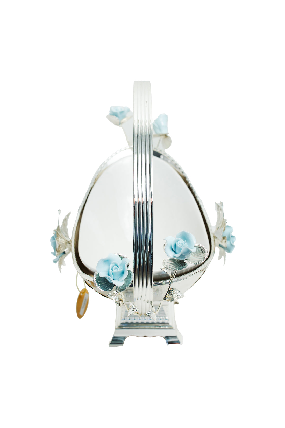 Silver Decorative Serving Basket with Blue Porcelain Roses & Butterfly Accents