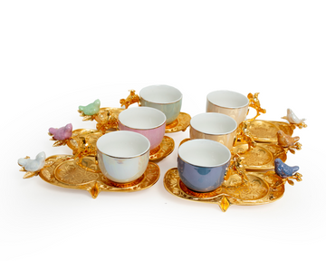 6-Piece Multicolour Porcelain Cup & Gold Tray Set with Bird Accents