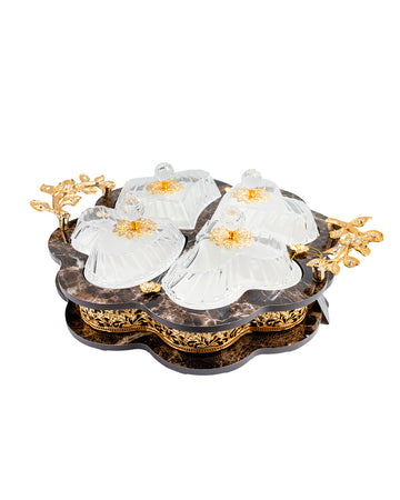 Heart Elegance 4-Piece Serving Tray Set with Acrylic Lids & Ornate Base