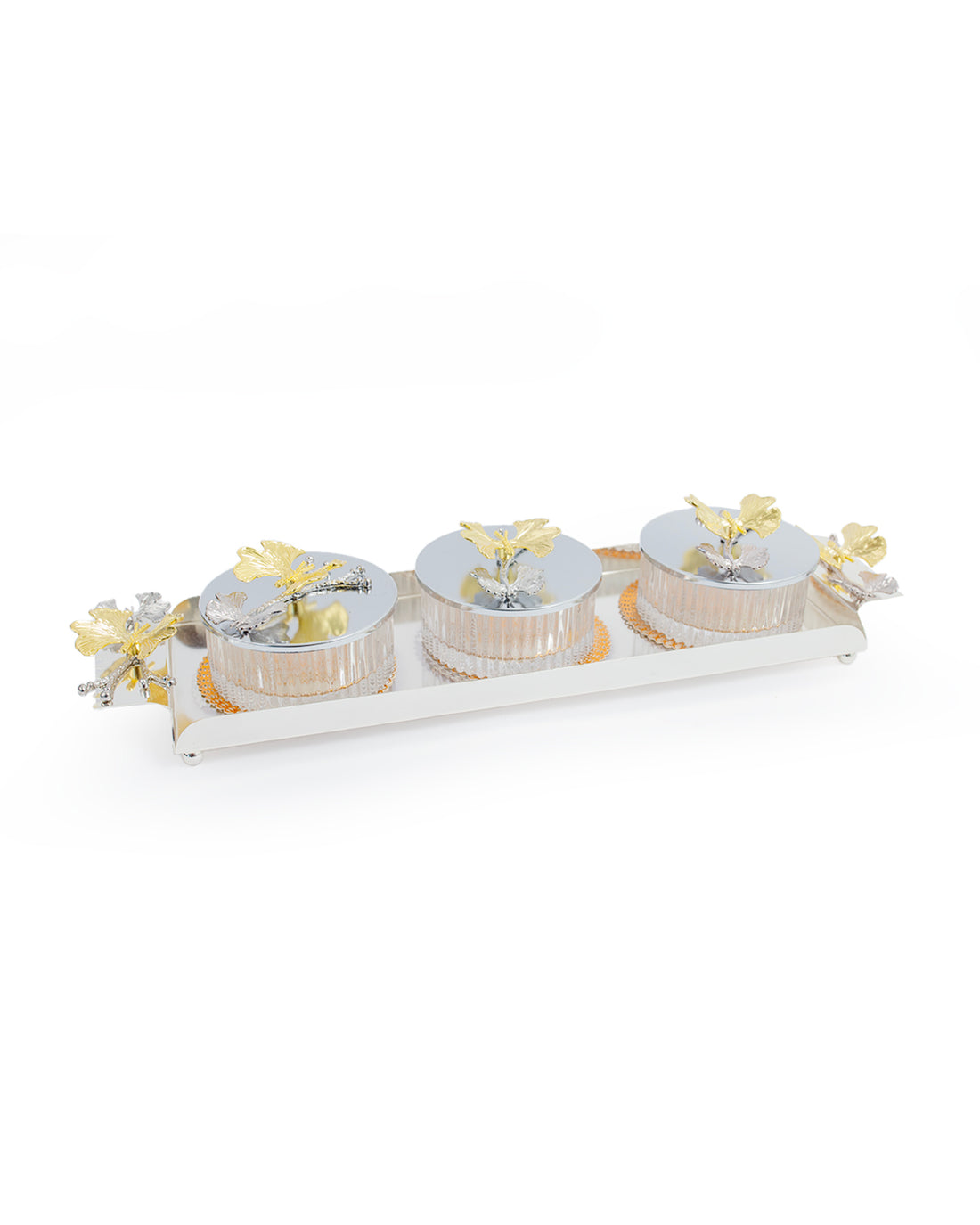 Glass Dessert Bowl Set with Floral Silver-Gold Tray & Lids – 3 Pieces