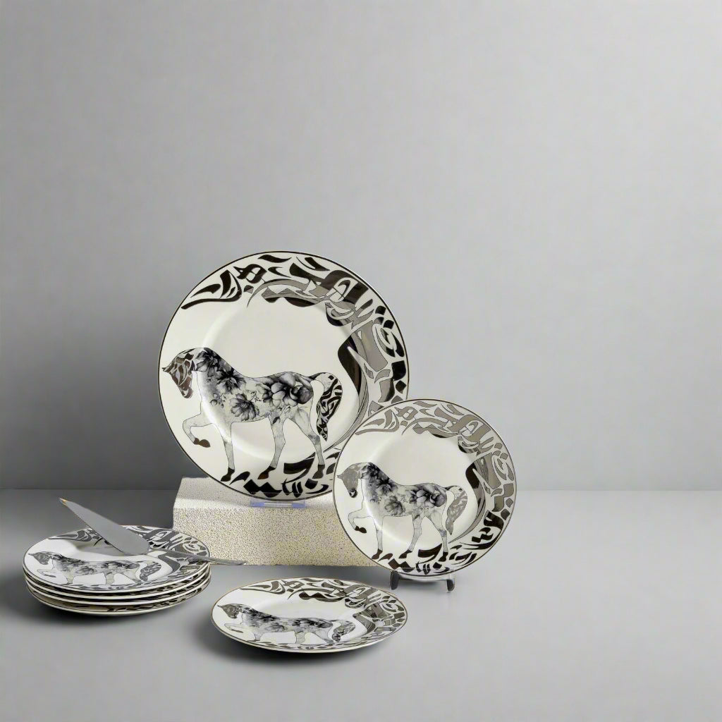 Saheel Luxury Porcelain Dessert Set – Grey/Silver Arabic Calligraphy & Horse Design