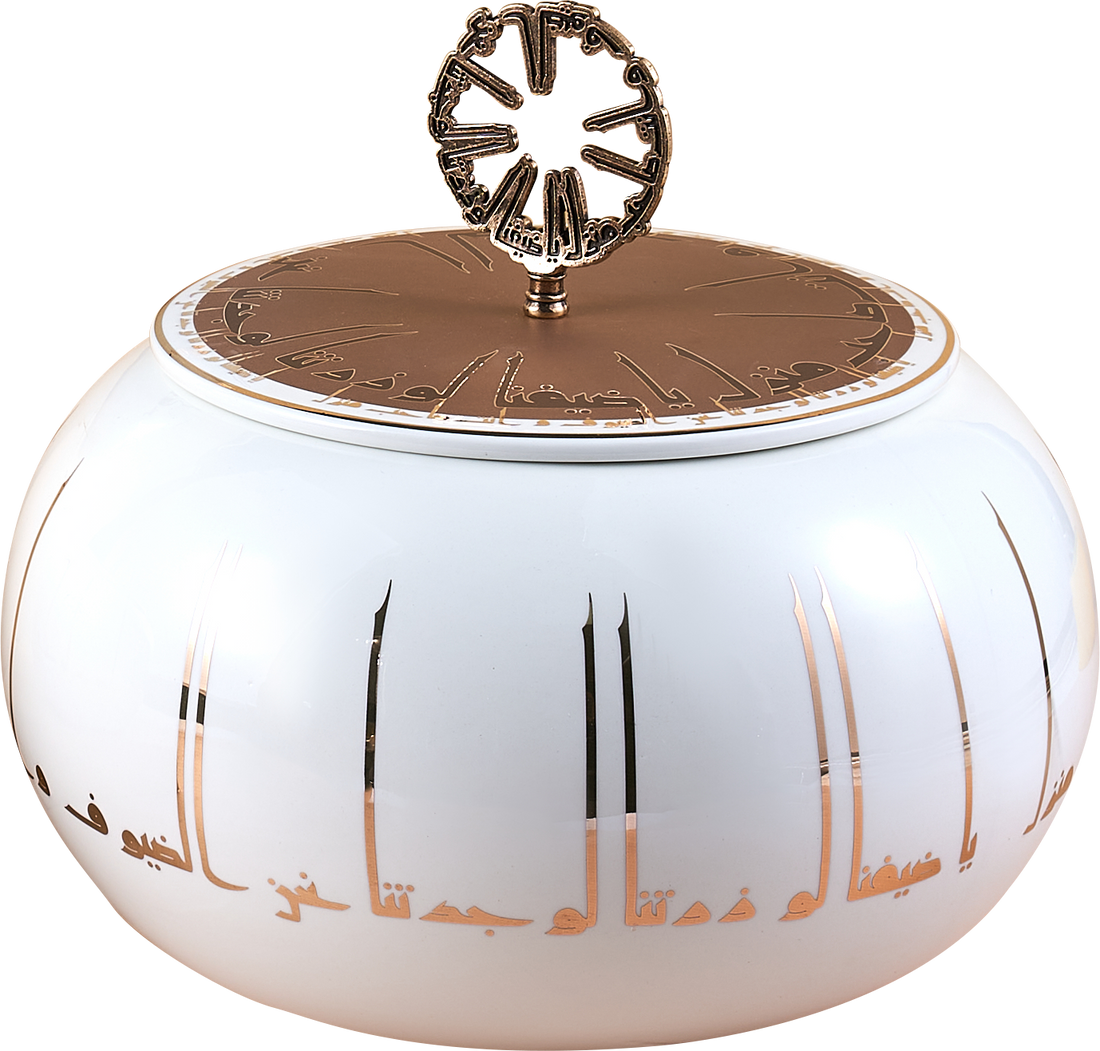 KUFI Small Luxury Date & Sweets Bowl with Lid – White & Gold Elegance