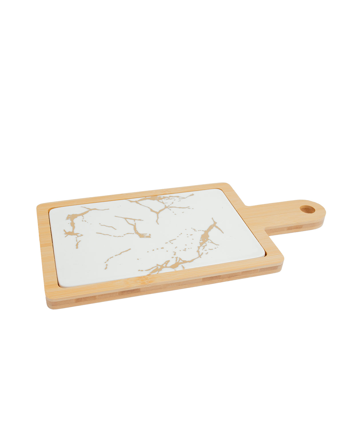 Porcelain Marble-Print Platter with Bamboo Base