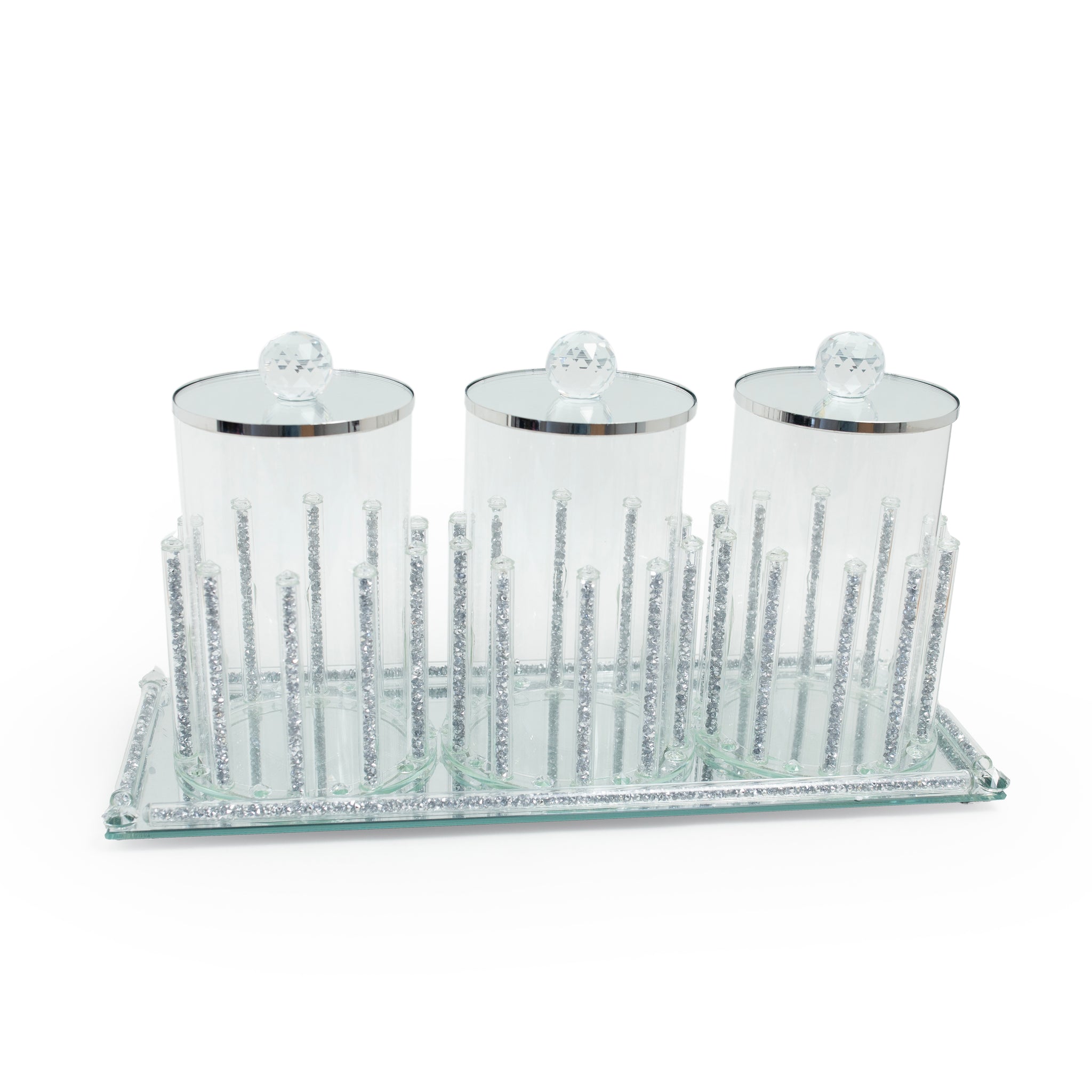 3-Piece Crystal-Inspired Canister Set with Tray – Clear Acrylic & Silver Glitter Rods
