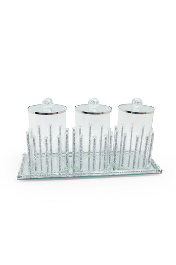 3-Piece Crystal-Inspired Canister Set with Tray – Clear Acrylic & Silver Glitter Rods