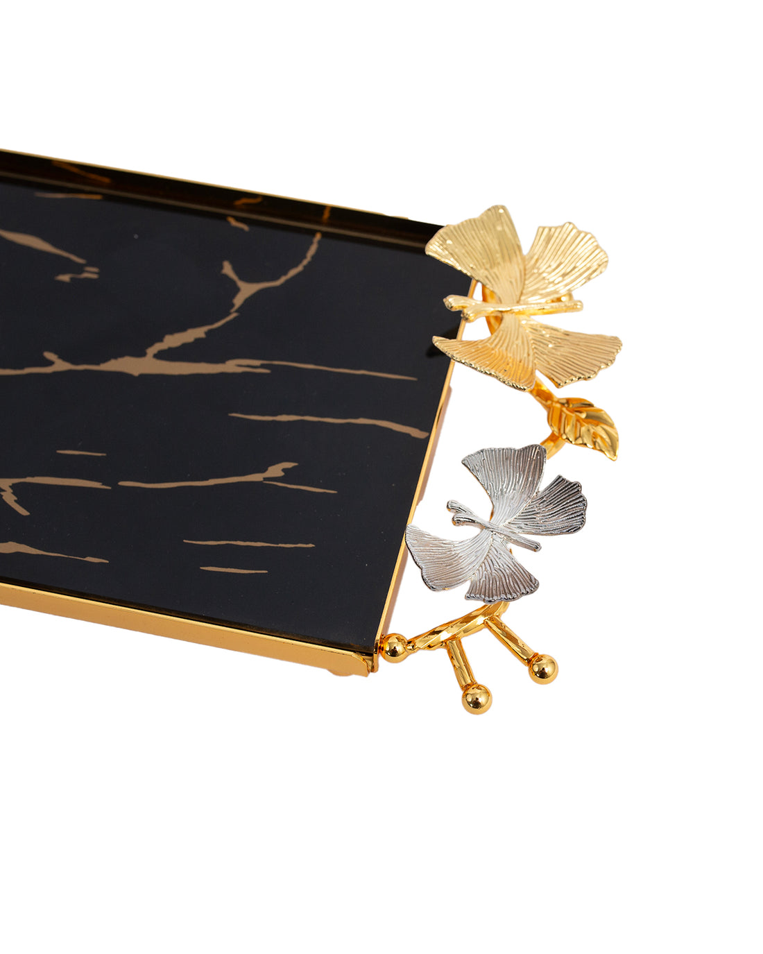Black Marble Rectangular Tray with Gold & Silver Floral Handles – 35cm