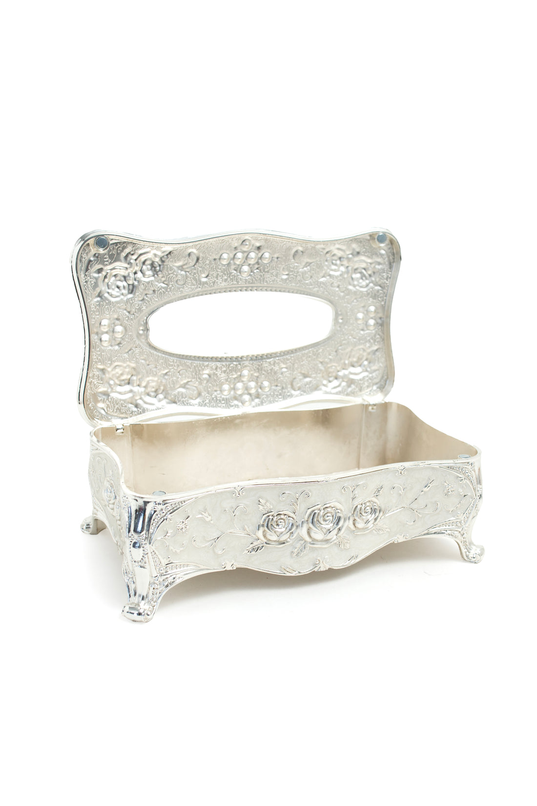 Vintage-Inspired Silver Tissue Box Cover with Rose Embossed Detailing