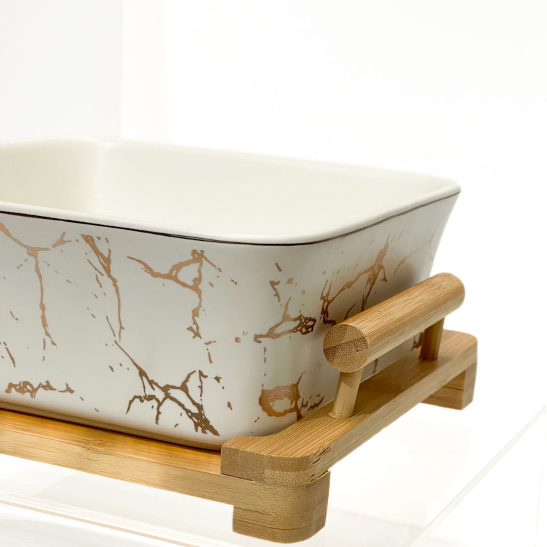 Marble Luxe Salad Bowl –  Ceramic Bowl with Bamboo Stand