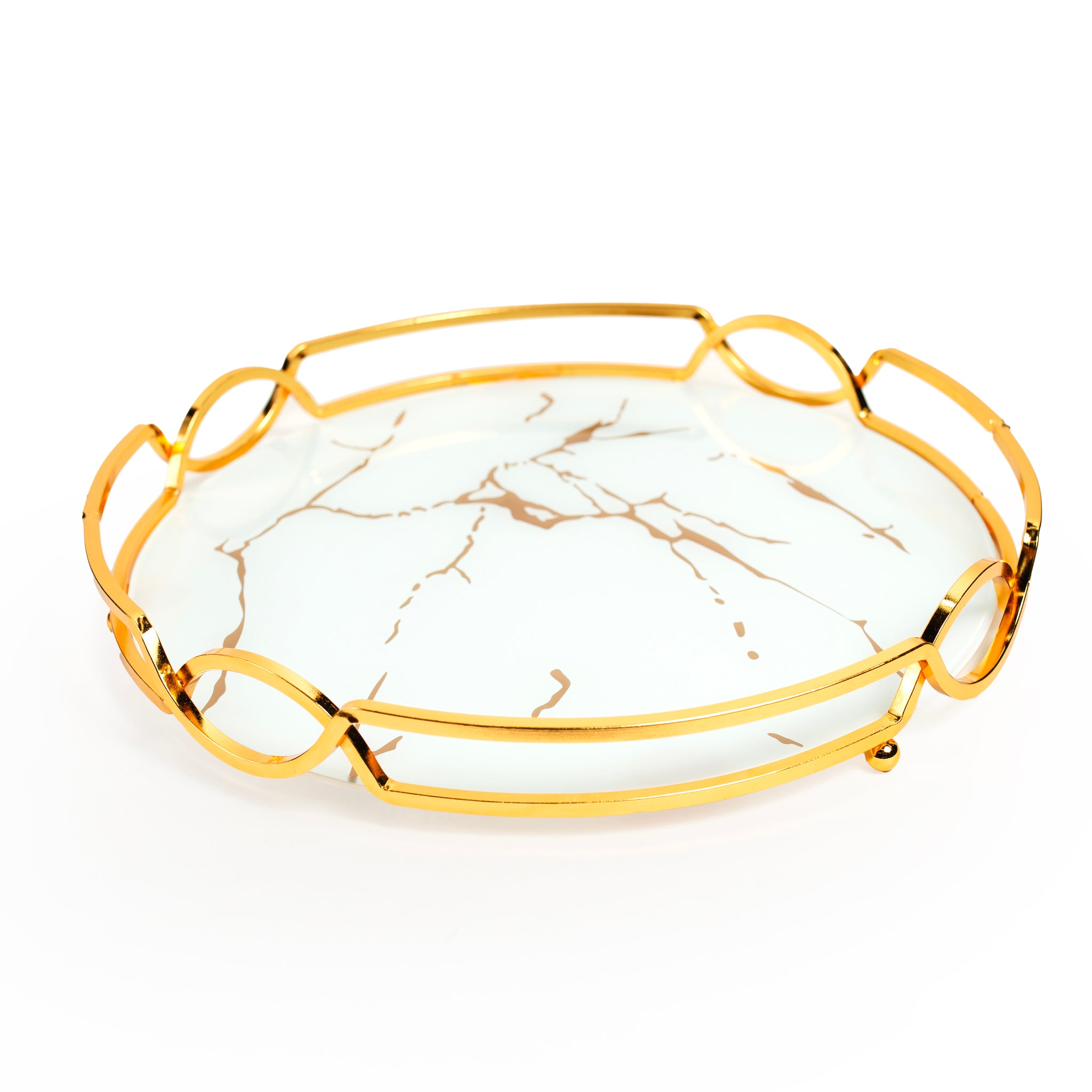 KANZ Round Marble Tray – White & Gold Rim Design