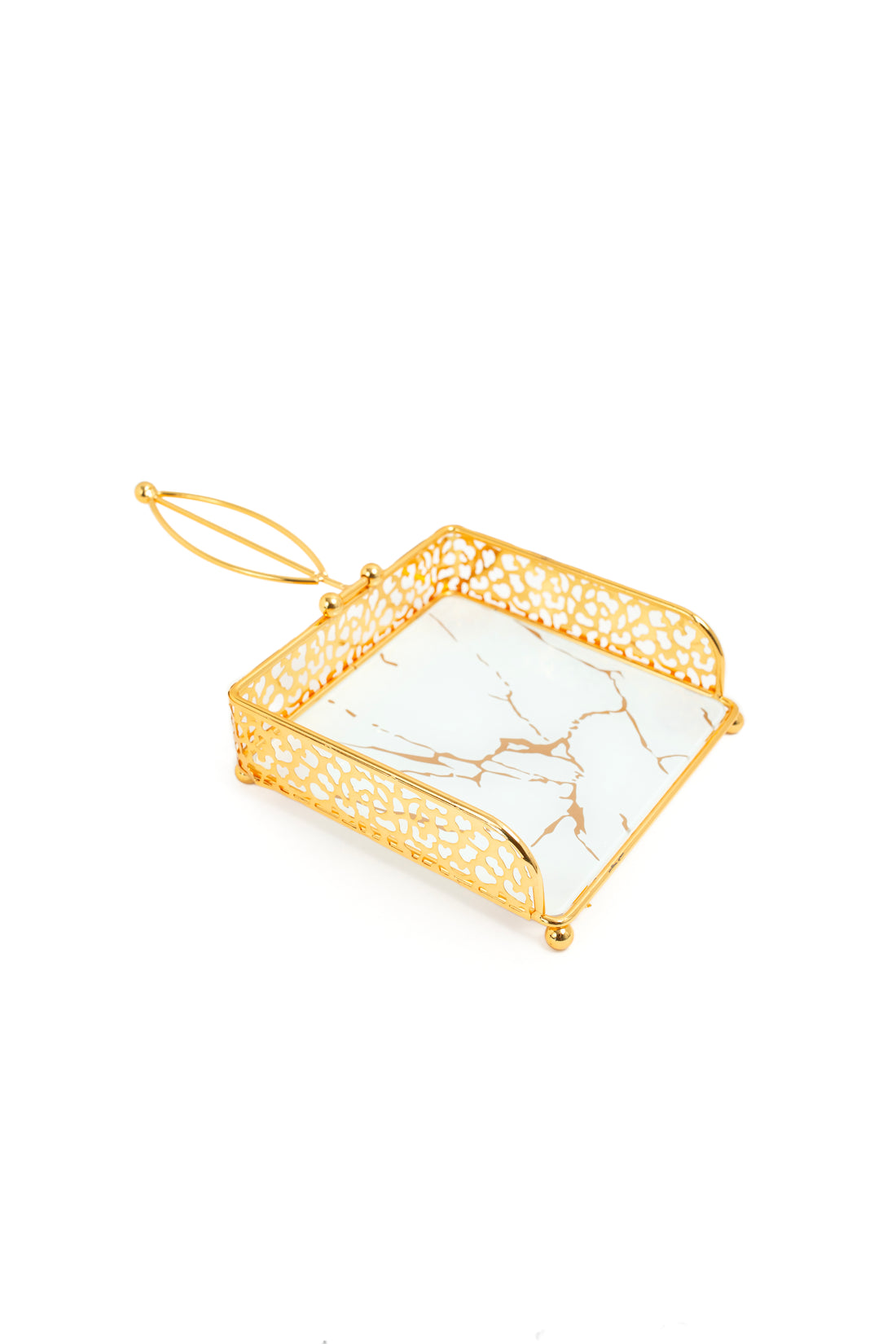 Gold-Finish Napkin Holder with White Marble Base & Filigree Design