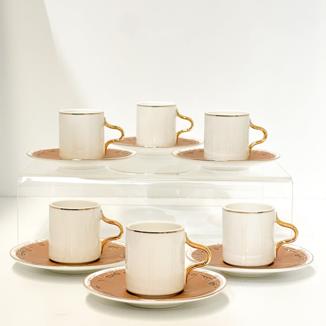 Luxury Turkish Coffee Cup Set – 6 Cups & Saucers in Coffee Brown with Arabic Kufi Calligraphy