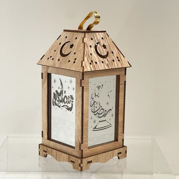 Wooden Ramadan Lantern – Crescent & Arabic Calligraphy LED Decor