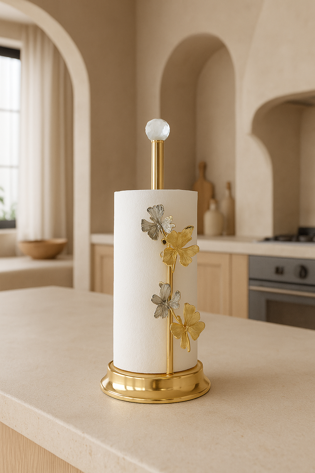 Gold & Silver Butterfly Paper Towel Holder with Crystal Top