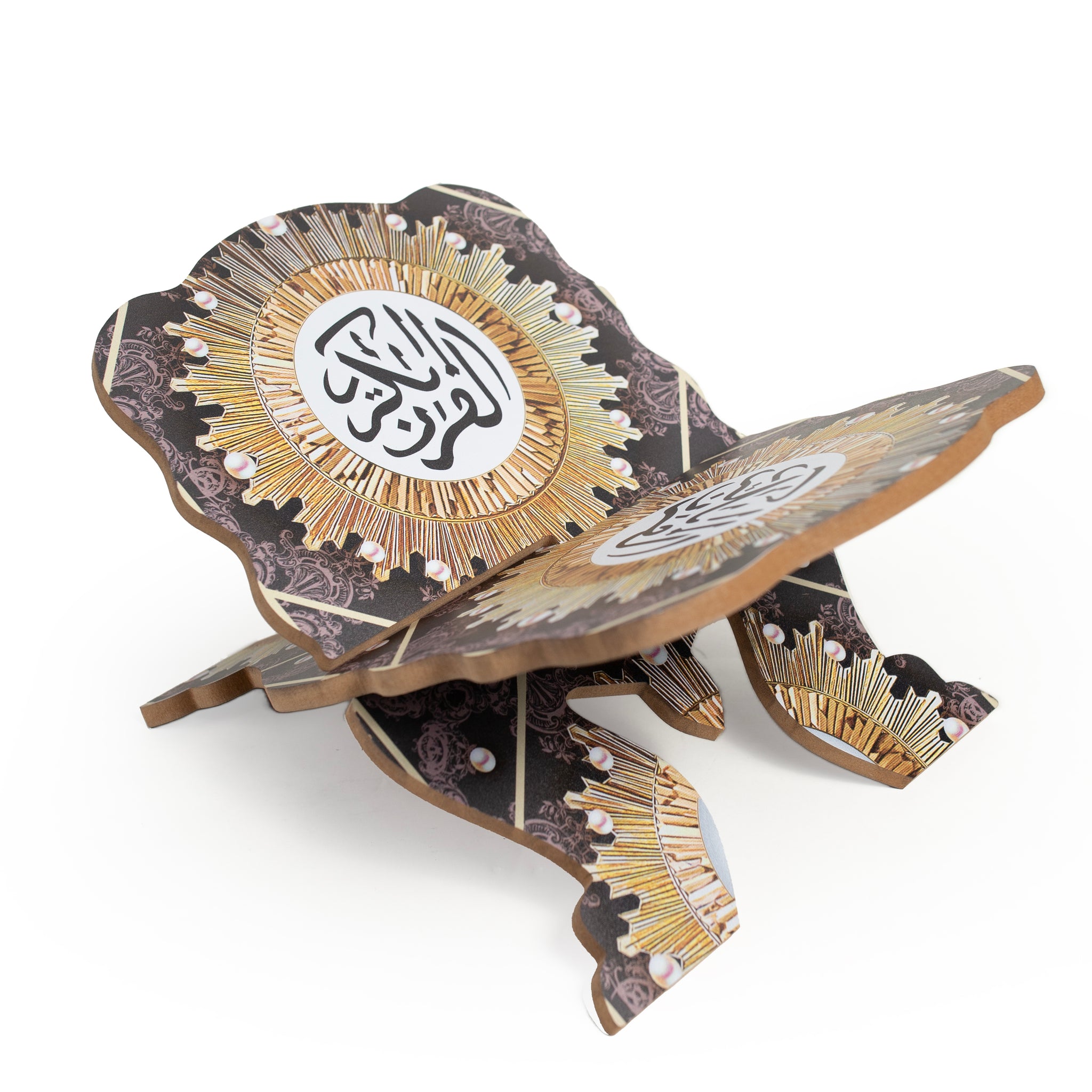 Elegant Quran Stand (Rehal) – Black & Gold Sunburst Design
