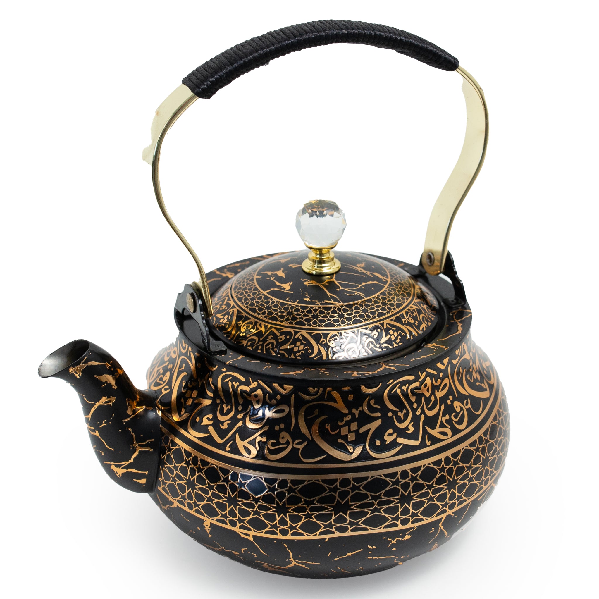Arabic Calligraphy Kettle with Crystal Handle – Black & Gold Stainless Steel