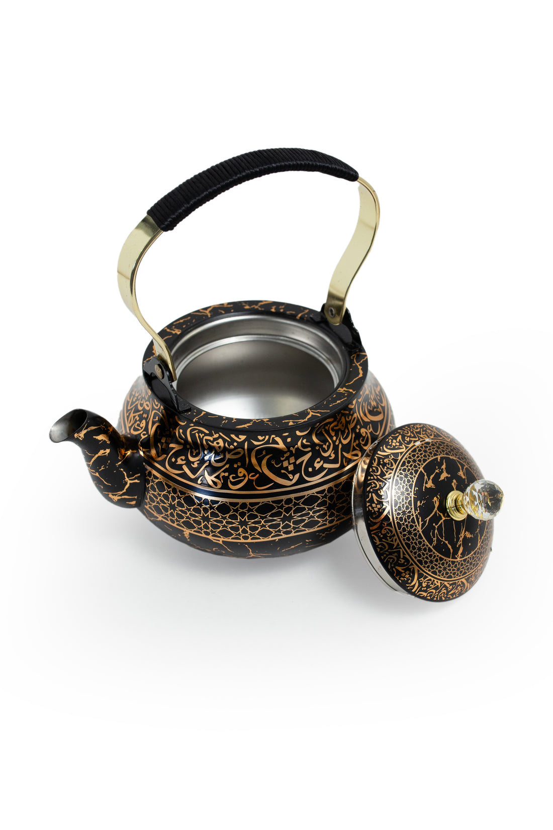 Arabic Calligraphy Kettle with Crystal Handle – Black & Gold Stainless Steel