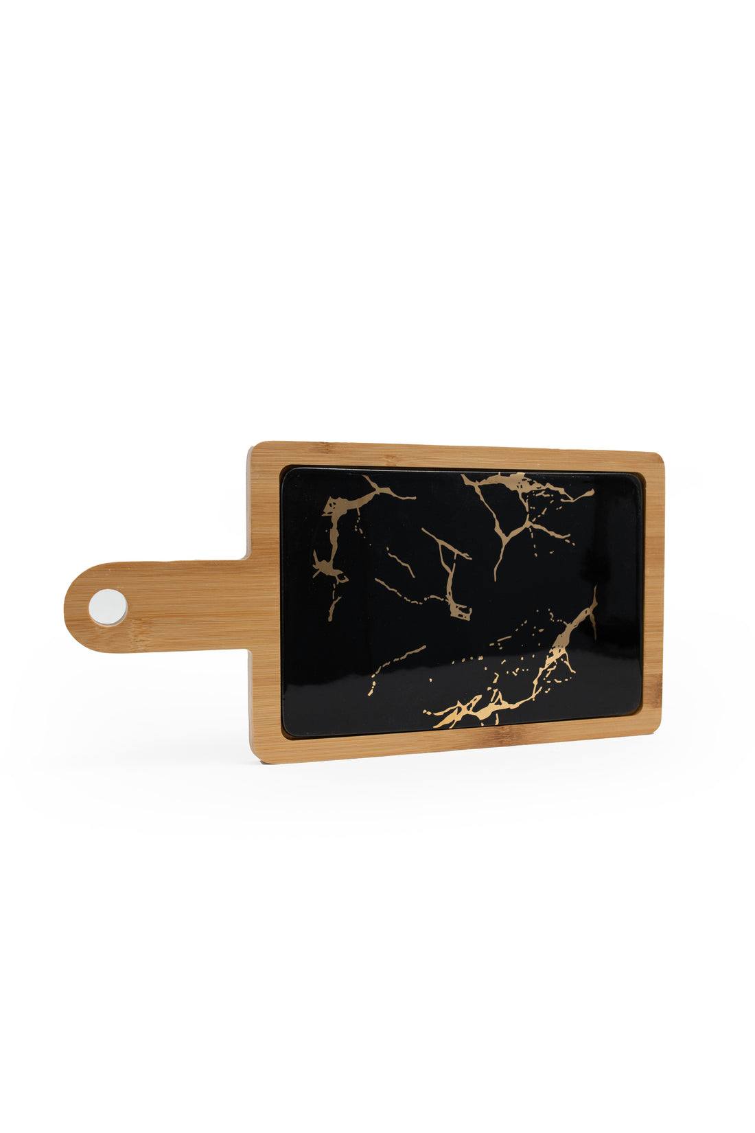 Bamboo Serving Board with Black Marble-Effect Inlay – Rectangular Paddle Design