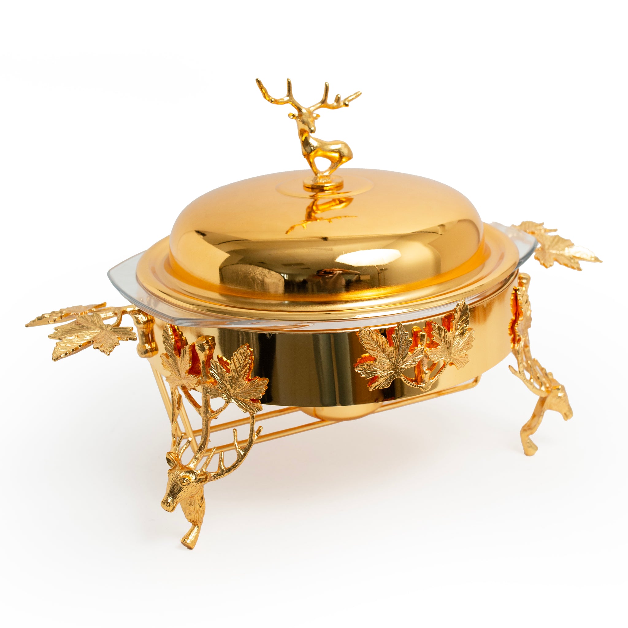 Gold Chafing Dish with Glass Insert & Stag Accent Lid – Leaf Motif