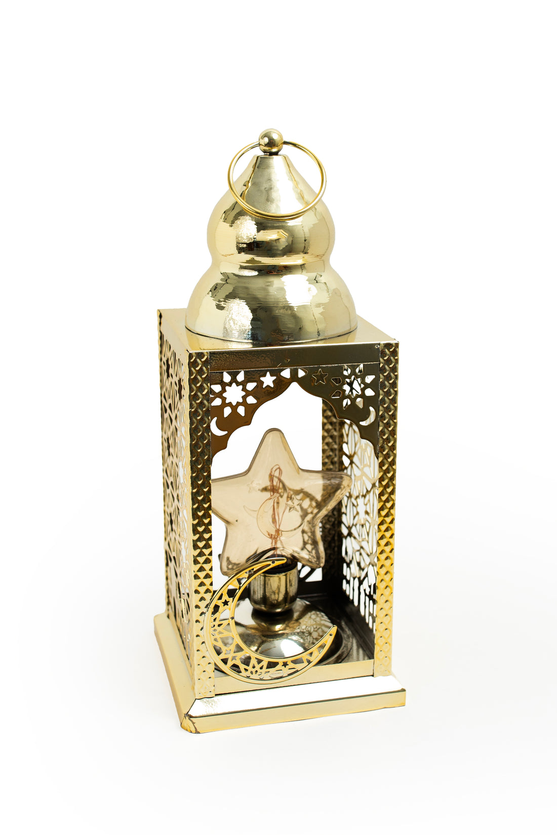 Gold Crescent & Star Lantern with Islamic Geometric Pattern