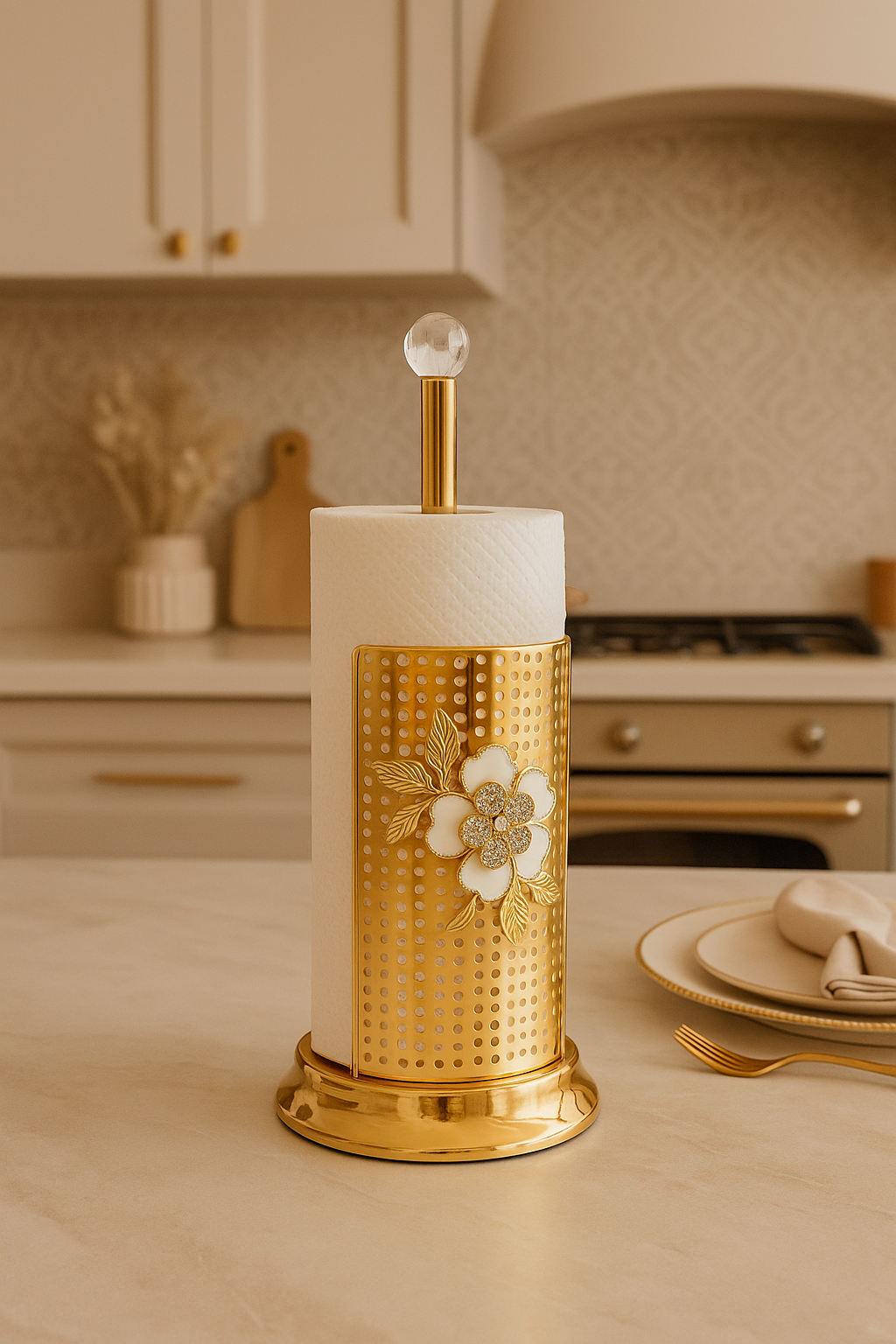 Luxury Gold Kitchen Roll Holder with Crystal & Floral Detail